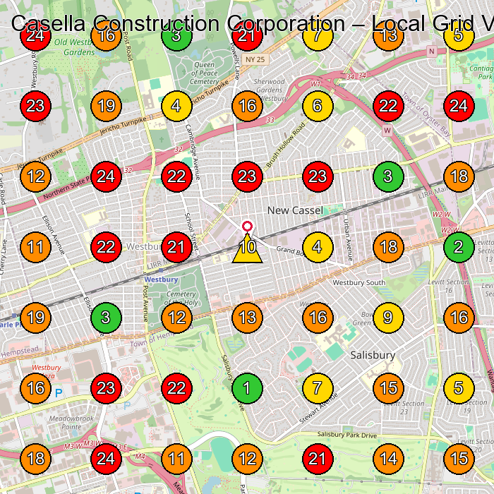 Casella Construction Corporation Construction Company GeoGrid ranking map for Westbury NY